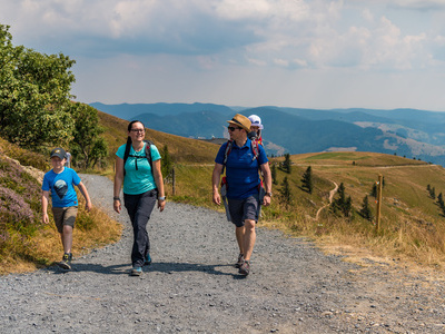 Eine Familie wandert auf dem Belchensteig