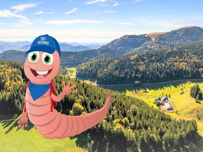 Der Badische Riesenregenwurm Rolf-Rosemarie an der Hohtann. Im Hintergrund zu sehen ist der Belchen.